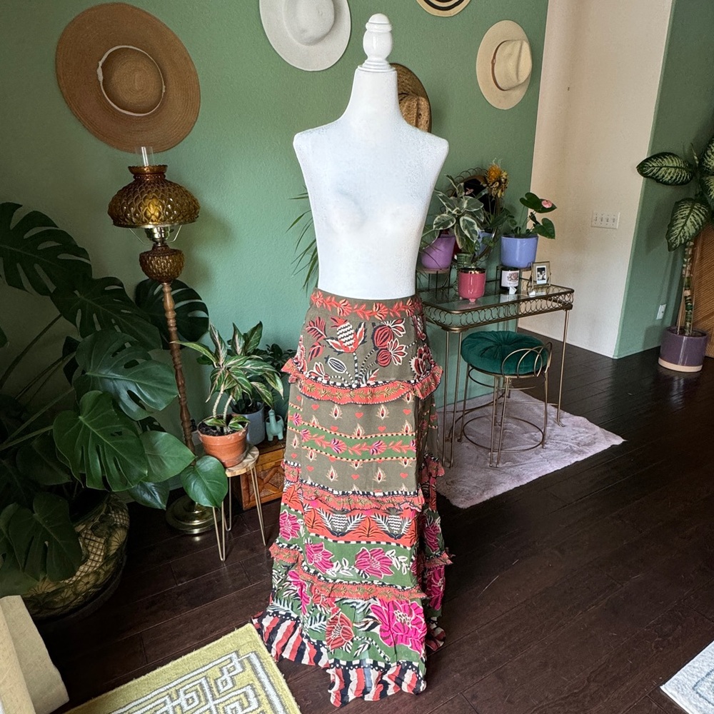 NWT * Farm Rio * Floral Tiered Maxi Skirt in Green, Pink, Orange, Black * Size S